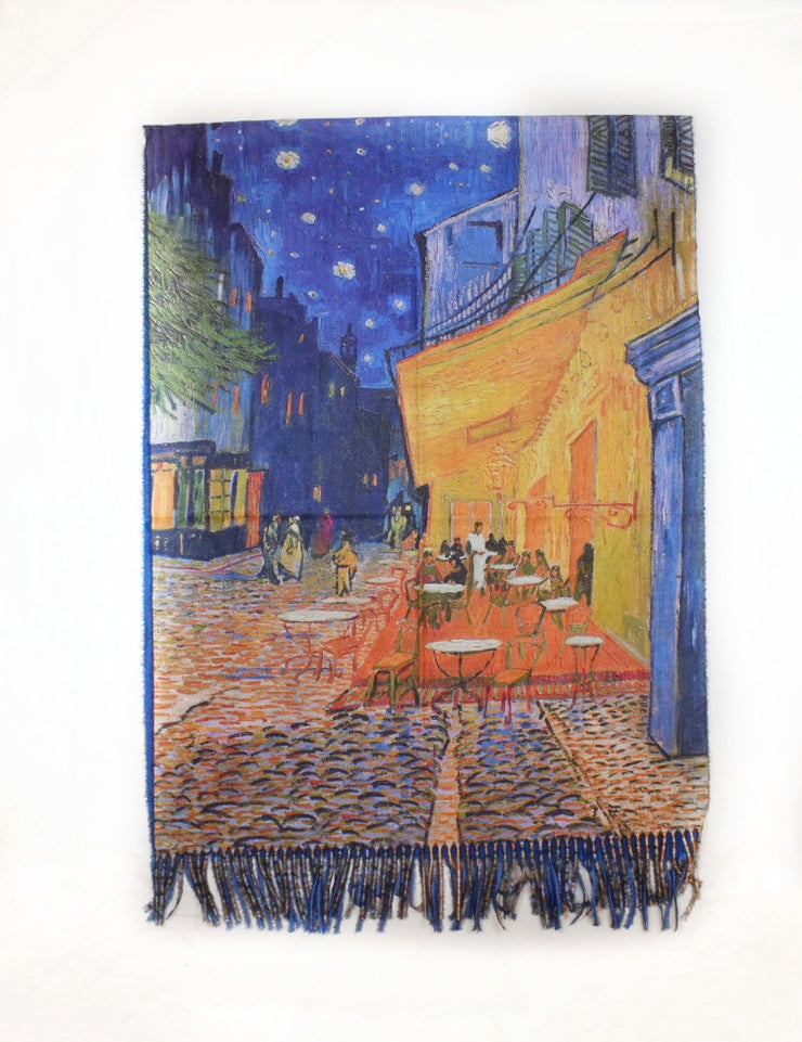 sciarpa con dipinto famoso di V. Van Gogh terrazza del caffè la sera. Sciarpa morbida in lana e viscosa
