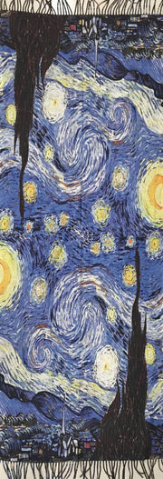 Sciarpa con stampa quadro notte stellata. Sciarpa con frange in lana e viscosa
